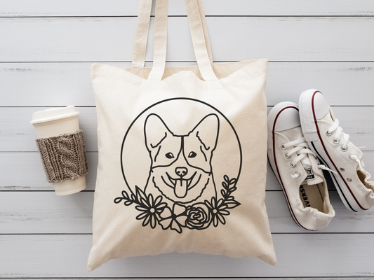 Floral corgi canvas tote bag