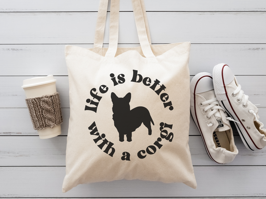 Life is better with a corgi canvas tote bag